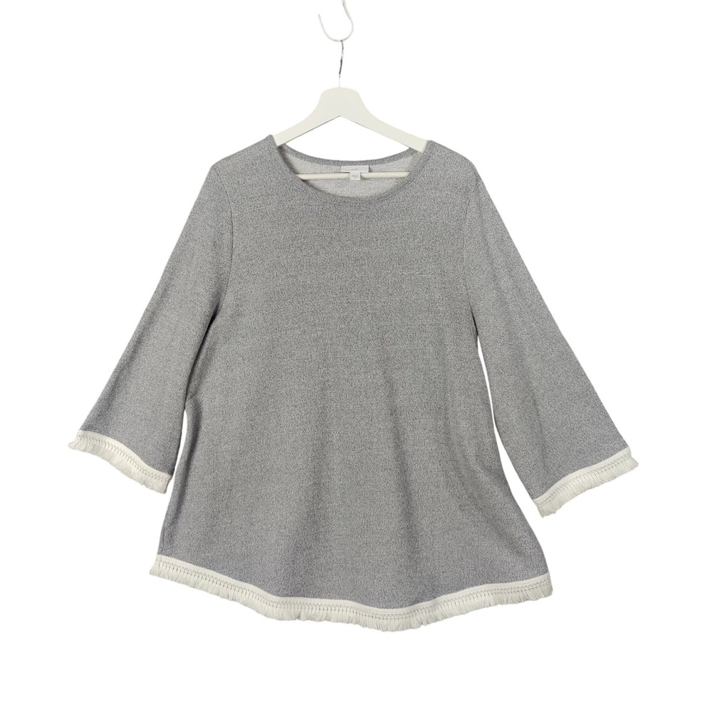 J.Jill Gray Fringe Trim‎ Cozy Knit Sweater Womens XL 3/4 Sleeve Pullover Comfort